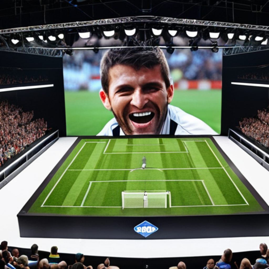 **

"A dynamic sports marketing presentation. A speaker on stage passionately tells a story about a sports team's underdog victory, captivating the audience. The stage has a large screen displaying an emotional photo of the winning moment. The audience is engaged and smiling."

**