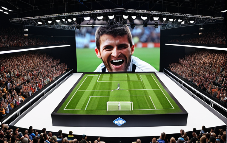 **
"A dynamic sports marketing presentation. A speaker on stage passionately tells a story about a sports team's underdog victory, captivating the audience. The stage has a large screen displaying an emotional photo of the winning moment. The audience is engaged and smiling."
**